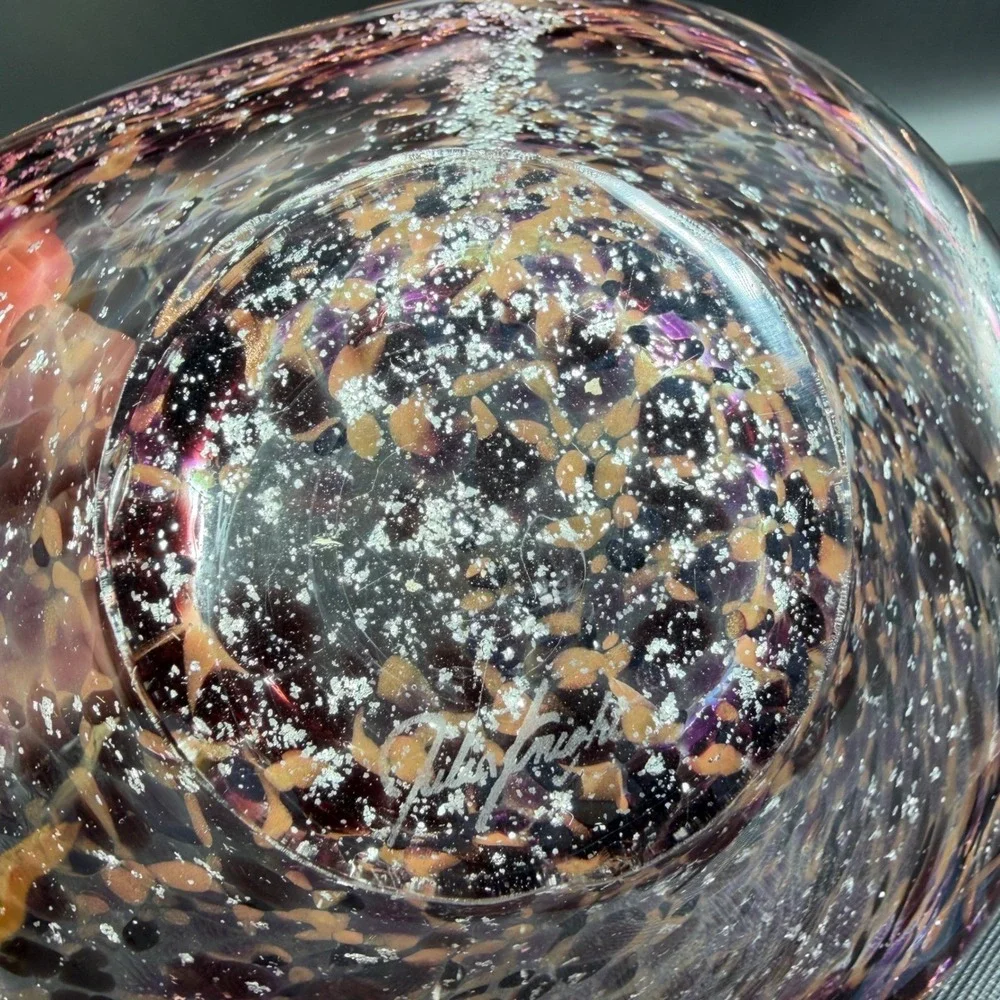 Julia Knight Hand Blown Italy Art Glass Bowl Dish Purple Amber‎ Silver Confetti